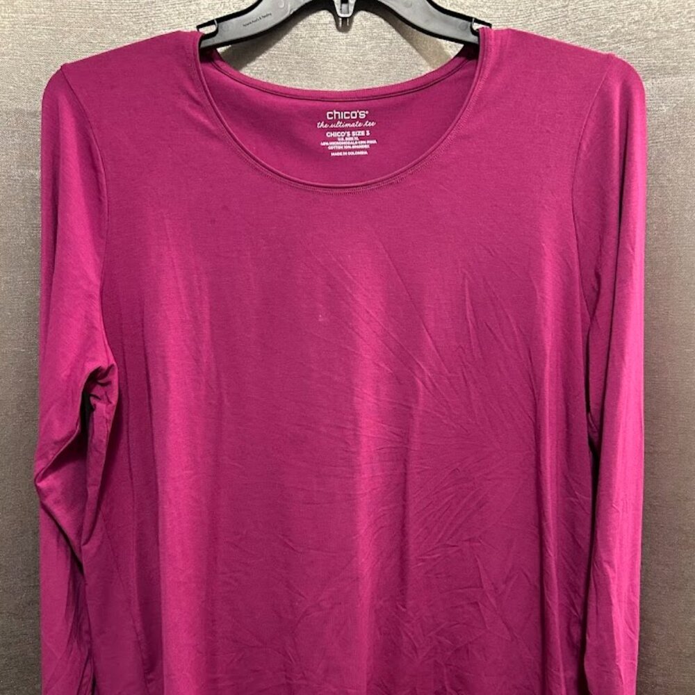Chicos Womens Shirt Long Sleeve Round Neck Shirt Magenta Burgundy Size 3 -XL